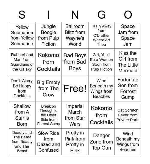 Thanksgiving Singo Movie Sountracks Bingo Card