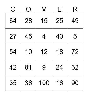 Multiplication Cover-Up Bingo Card