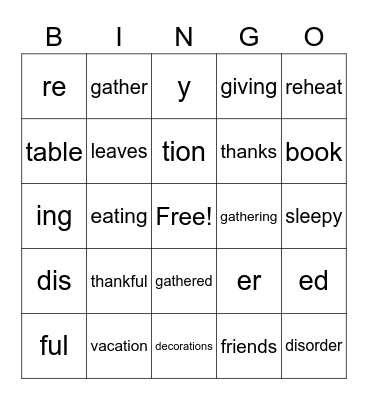 Thanksgiving Word Reward Bingo Card