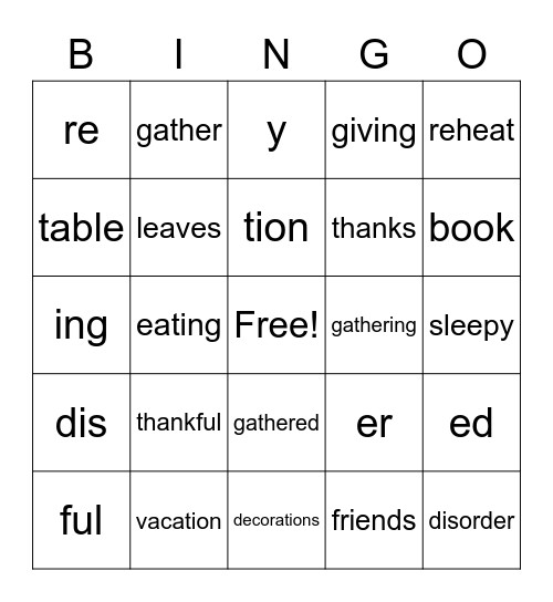 Thanksgiving Word Reward Bingo Card