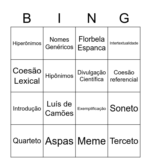 Bingo PDT - 8°ano Bingo Card