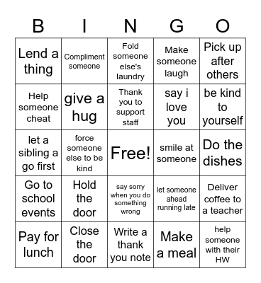 Random Acts of Kindness Bingo Card