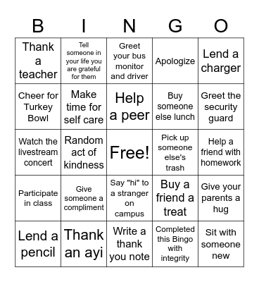 Gratitude Bingo Card