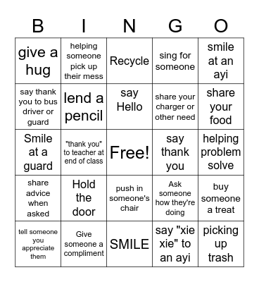 Random Acts of Kindness Bingo Card