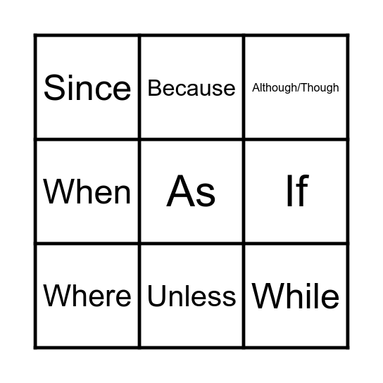 Super Subordinate Conjunctions Bingo Card