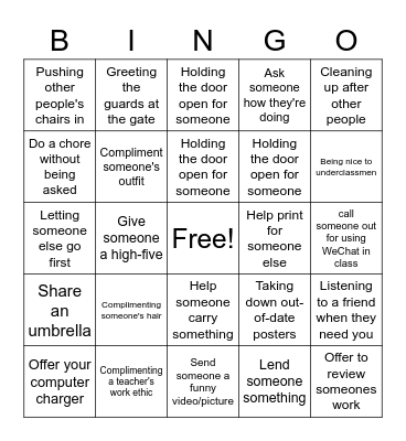 Random Acts of Kindness Bingo Card