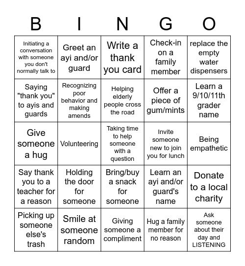 Anchor Group Acts of Kindness Bingo Card