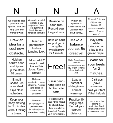 At-Home Ninja Practice Bingo Card
