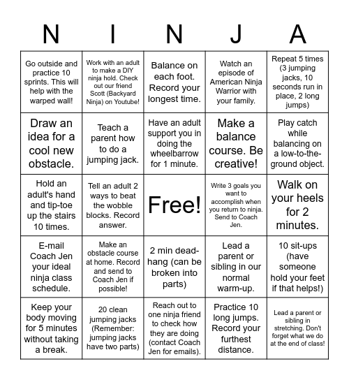 At-Home Ninja Practice Bingo Card