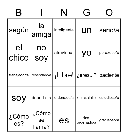 Spanish Adjectives Bingo Card