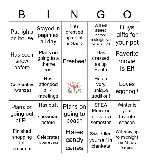 Holiday Bingo! Bingo Card