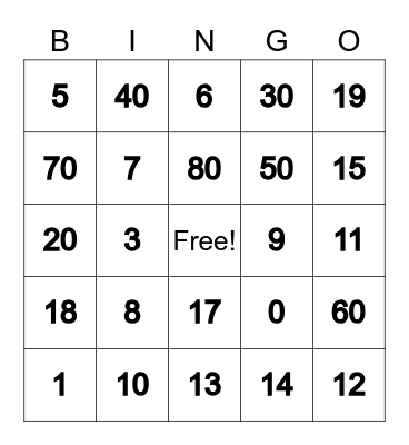 Number Bingo Card
