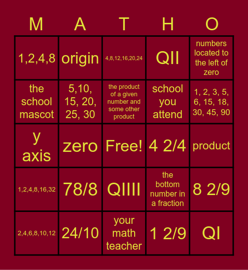 McCray's Math Review Bingo Card