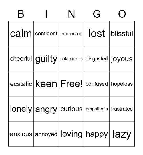 Emotions and Feelings Bingo Card