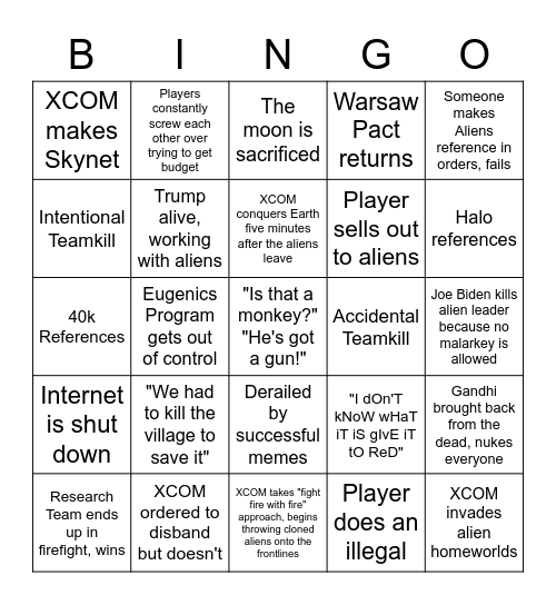 XCOM LOG Bingo Card