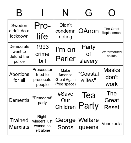 Right-wing Bingo Card