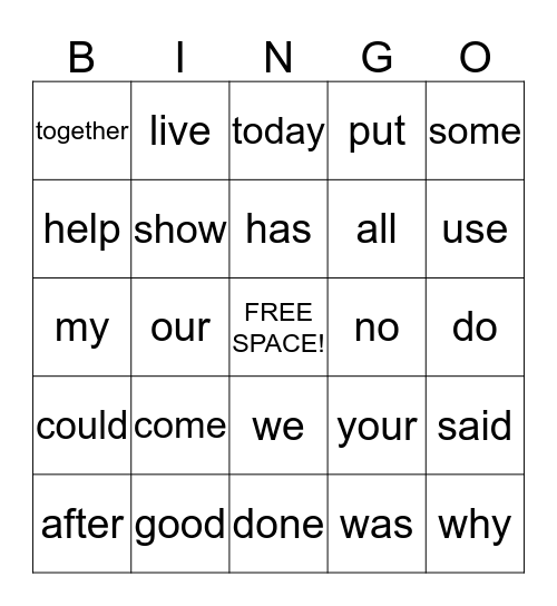 High Frequency Word BINGO Card