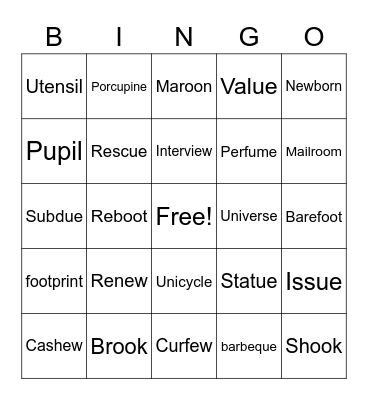 long u words Bingo Card