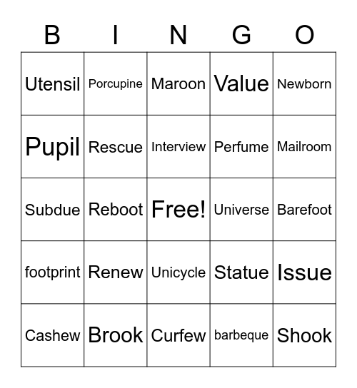 long u words Bingo Card