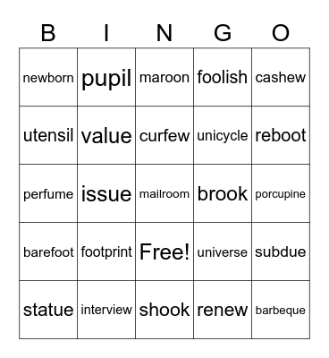 Long u words Bingo Card