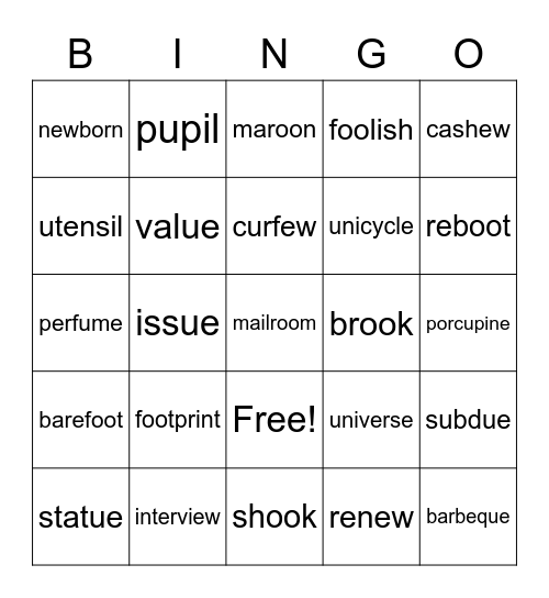 Long u words Bingo Card