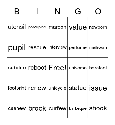 Long u words Bingo Card