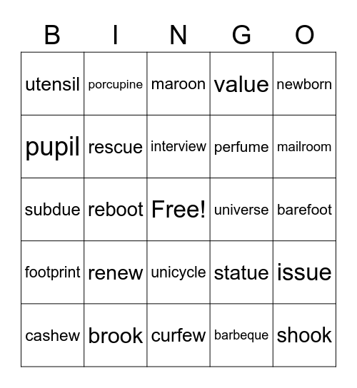 Long u words Bingo Card