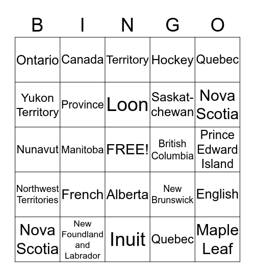 Canada Bingo Card