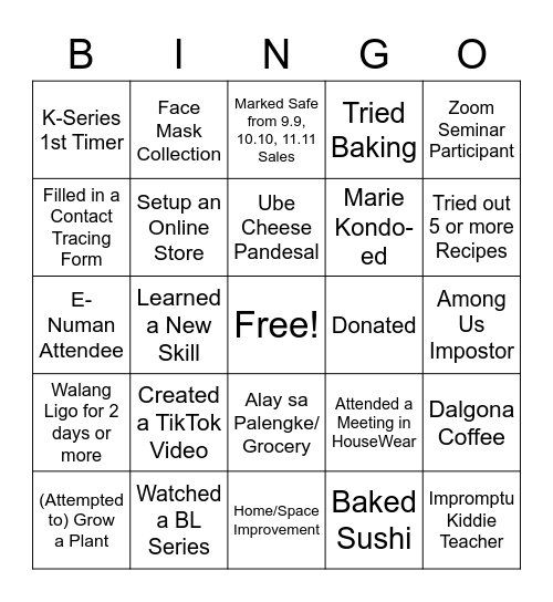 2020 Year-End Bingo Card