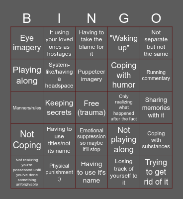 Being possesed by an Entity Bingo Card