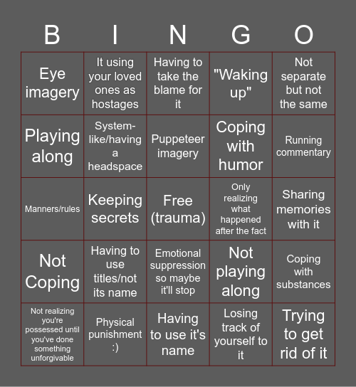 Being possesed by an Entity Bingo Card