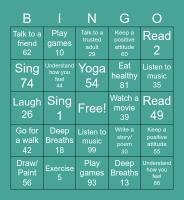 Stress Coping Skills Bingo Card