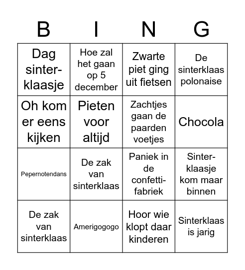 Sinterklaasliedjes Bingo Card