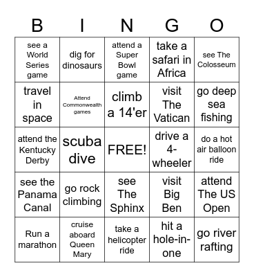Bucket List Bingo Card