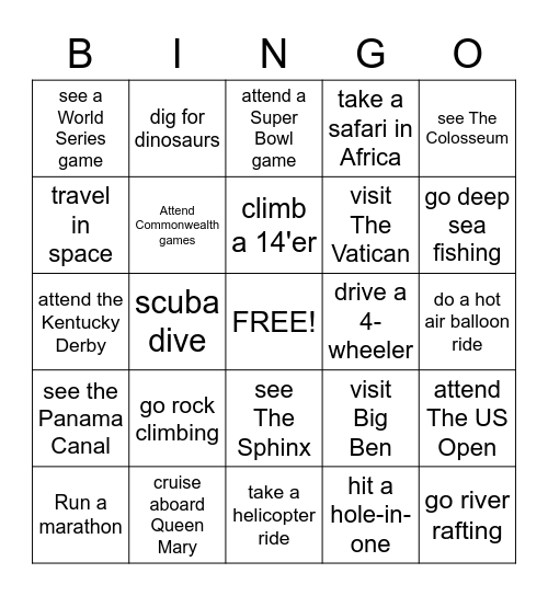 Bucket List Bingo Card