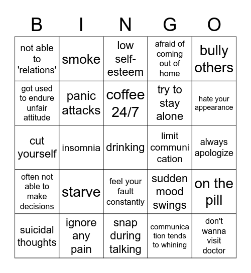 self-destruction bingo Card