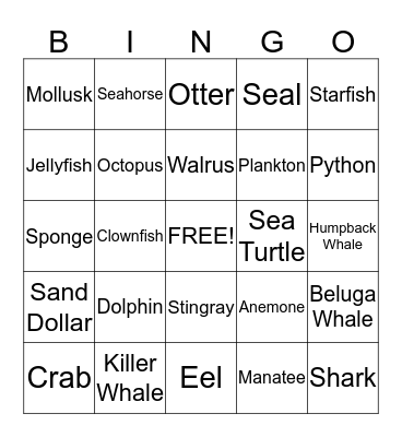 Ocean Animal Bingo - Card 1 Bingo Card