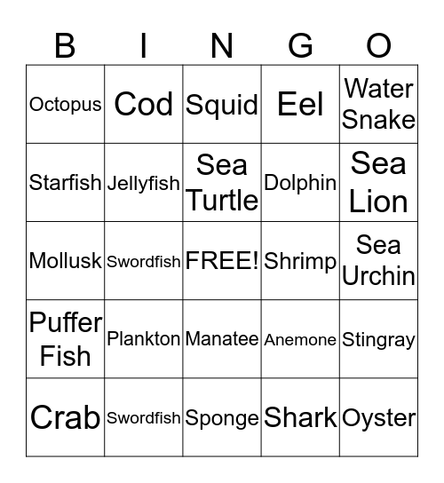 Ocean Animal Bingo - Card 2 Bingo Card