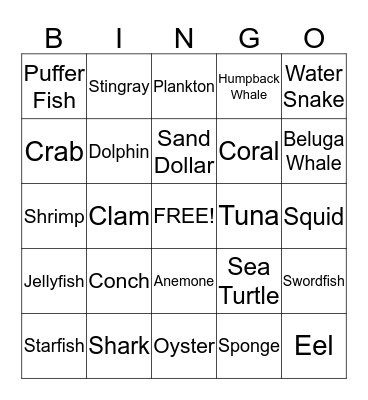 Ocean Animal Bingo - Card 3 Bingo Card