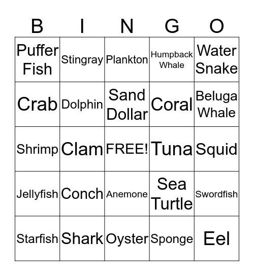 Ocean Animal Bingo - Card 3 Bingo Card