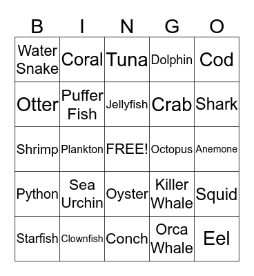 Ocean Animal Bingo - Card 4 Bingo Card