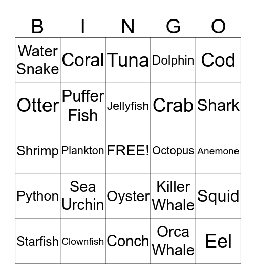 Ocean Animal Bingo - Card 4 Bingo Card