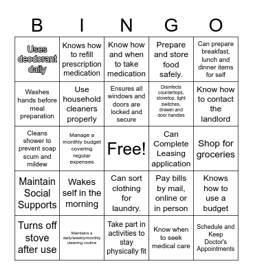 Independent Living Skills Bingo Card
