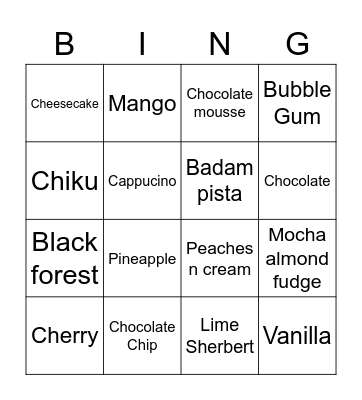 Ice cream Bingo Card