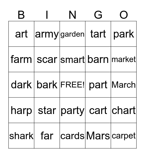 -R Controlled Vowel Bingo (-ar) Bingo Card