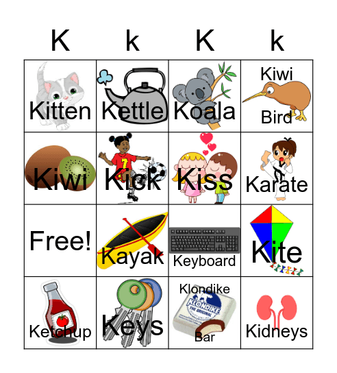 Letter K Bingo Card