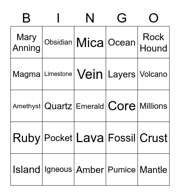 Rocks and Minerals Bingo Card