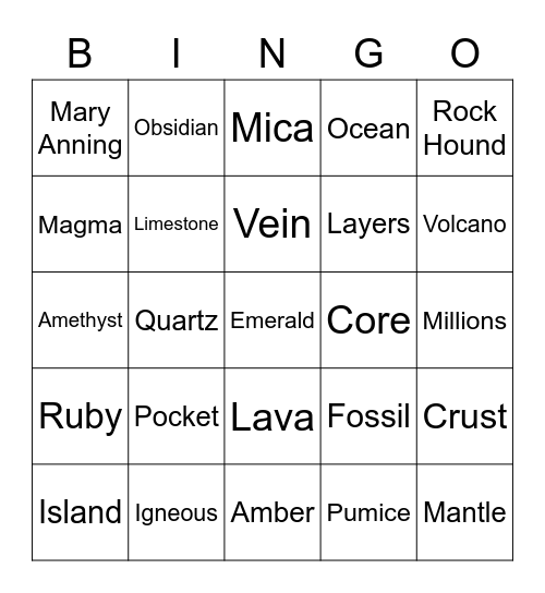 Rocks and Minerals Bingo Card