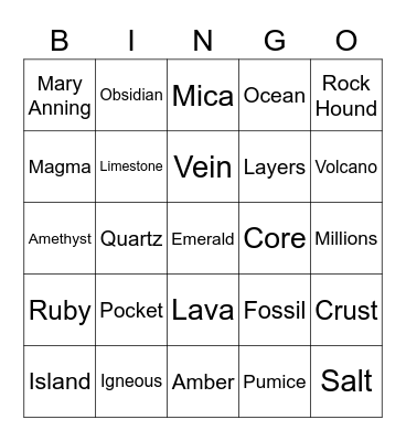 Rocks and Minerals Bingo Card