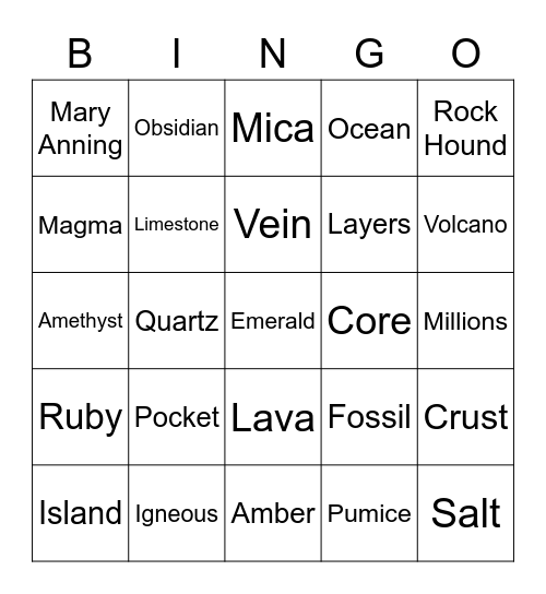 Rocks and Minerals Bingo Card